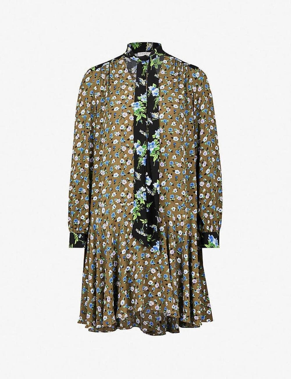 Sandro Tie-Neck Long Sleeve Unite Dress - 2 - Green Black Floral Print